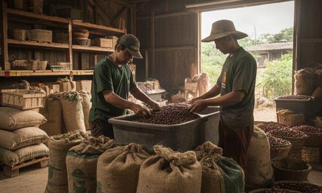 Pekerja koperasi kopi mengatur hasil panen di gudang Sumatera Selatan