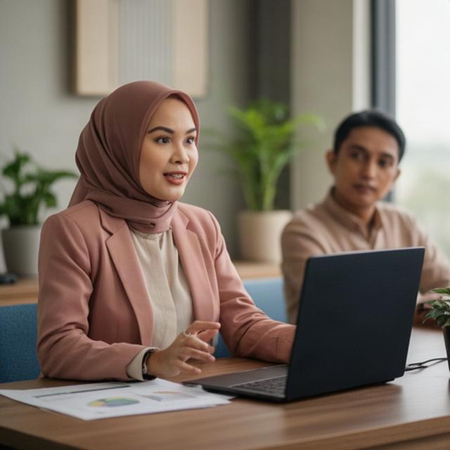 Rima Radian berdiskusi tentang kebutuhan karyawan di ruang kerja Pageralam
