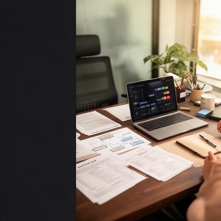 Meja kerja manajer SDM dengan bagan organisasi, dokumen SOP, dan laptop di kantor usaha Pageralam