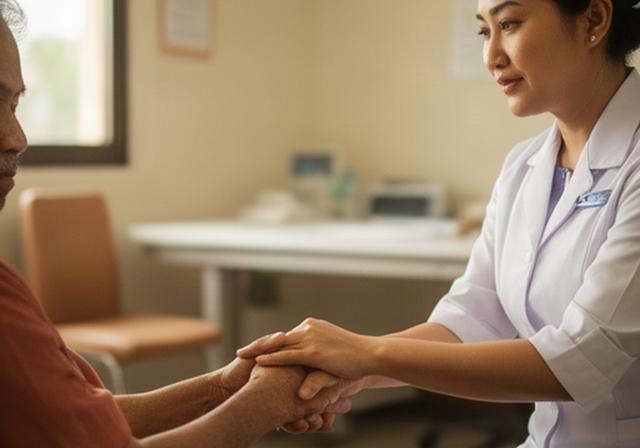 Perawat menggenggam tangan pasien di ruang klinik yang hangat di Pageralam