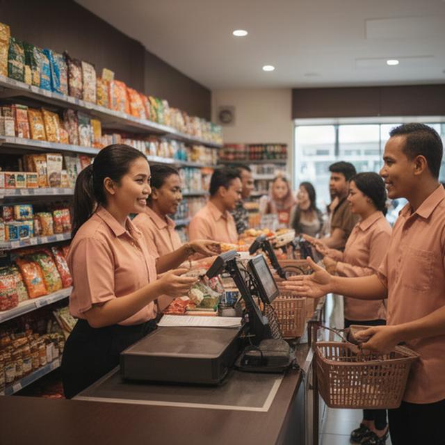 Kasir dan staf minimarket melayani pelanggan di toko ritel yang ramai di Pageralam